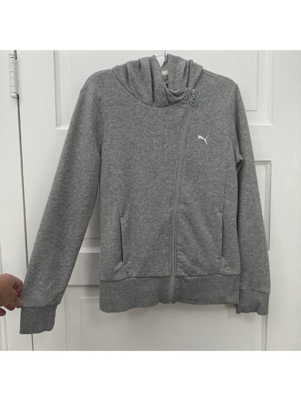 PUMA Lifestyle Gray Asymmetrical Zip Hoodie Jacket Womens XS Full Zip